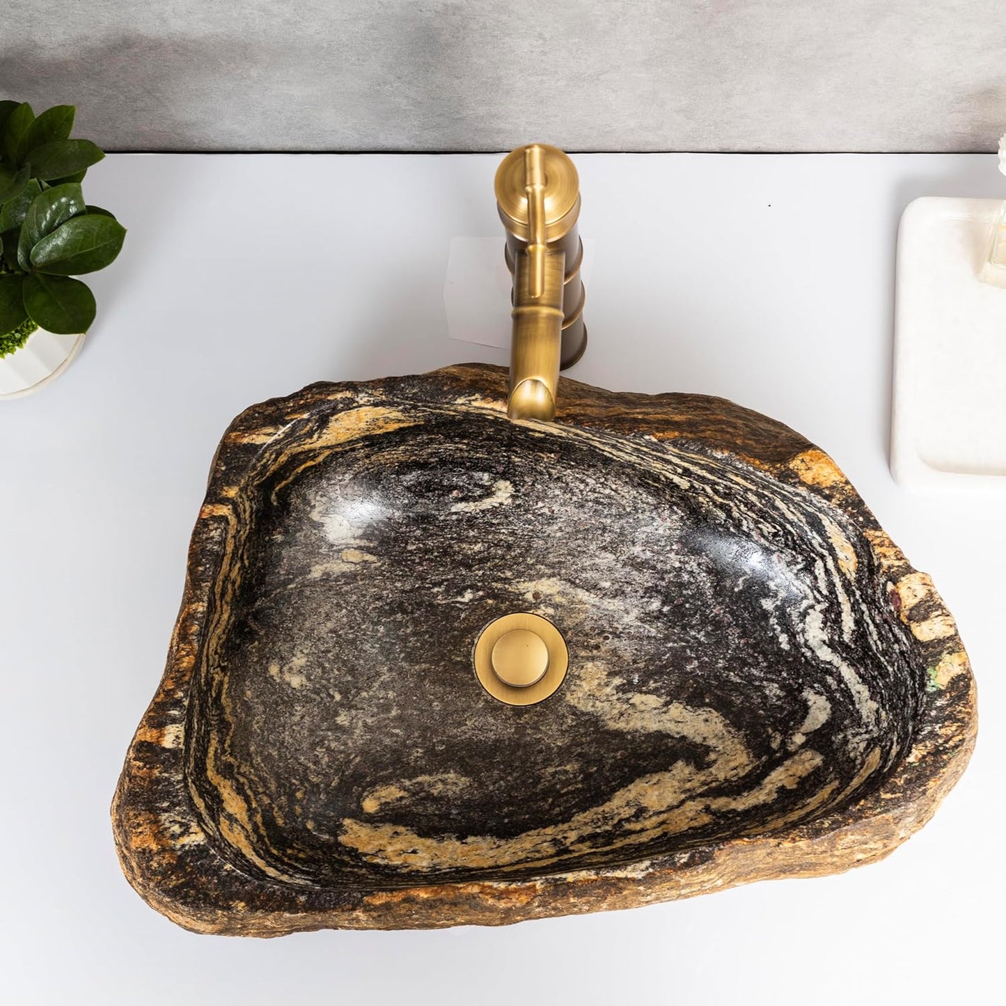 MIDUSO A+ Grade Irregular Natural River Stone Vessel Sink, Stone Vessel Sinks for Bathrooms, Vessel Sink Stone, Bathroom Vessel Sink Included Copper Pop-up Drain and P Trap Bathroom Sink