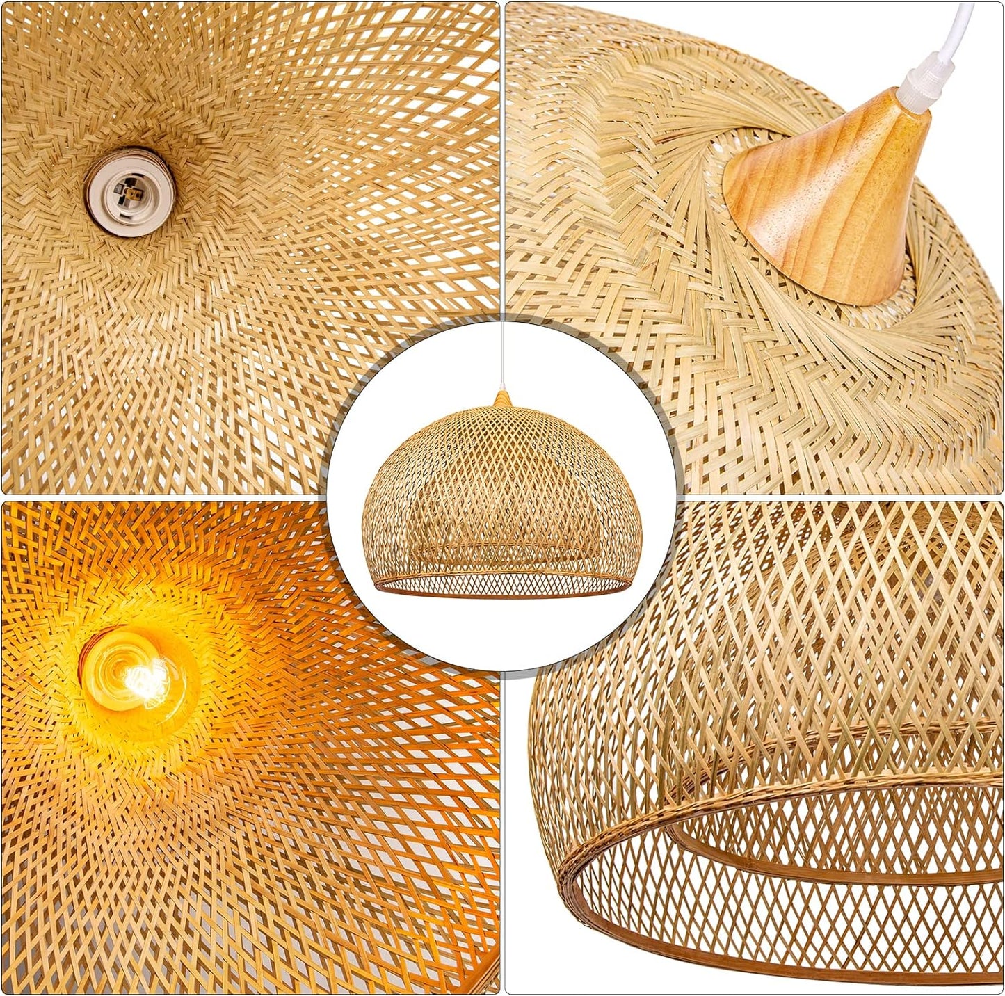 Arturesthome Weaving Bamboo Pendant Light for Kitchen Island, Wicker Chandelier, Handmade Woven Hanging Ceiling Light Lampshade for Living Room Bedroom