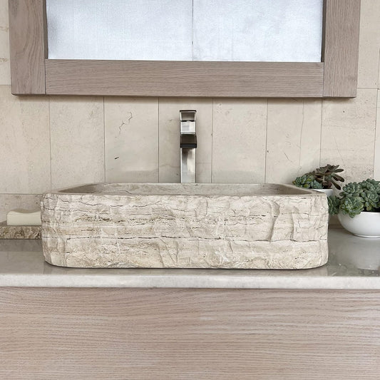 Shades of Stone Rectangle Bathroom Vanity Sink Above Counter Vessel, Undercounter or Apron Front Farmhouse Installation Styles, 100% Stone Handcarved, Free Matching Tray. (Tan Travertine)